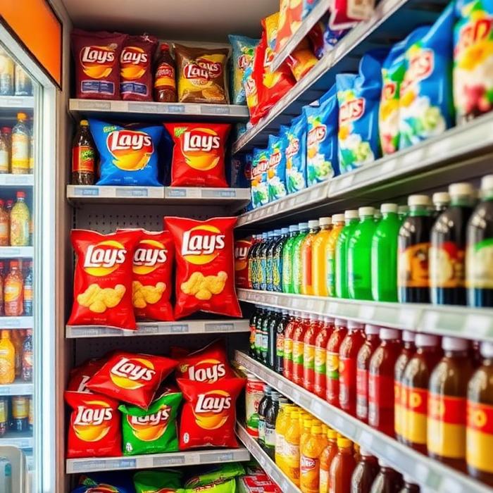 Chips and soda stocked on convenience store shelves